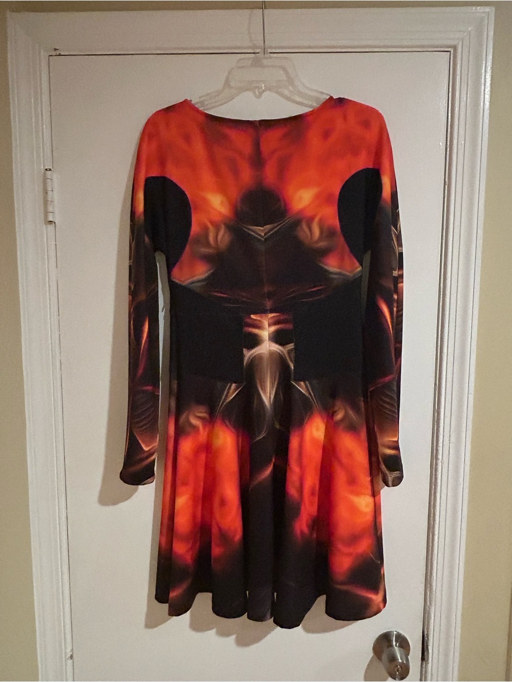 Long-Sleeve Orange & Black Abstract Fit-and-Flare Dress